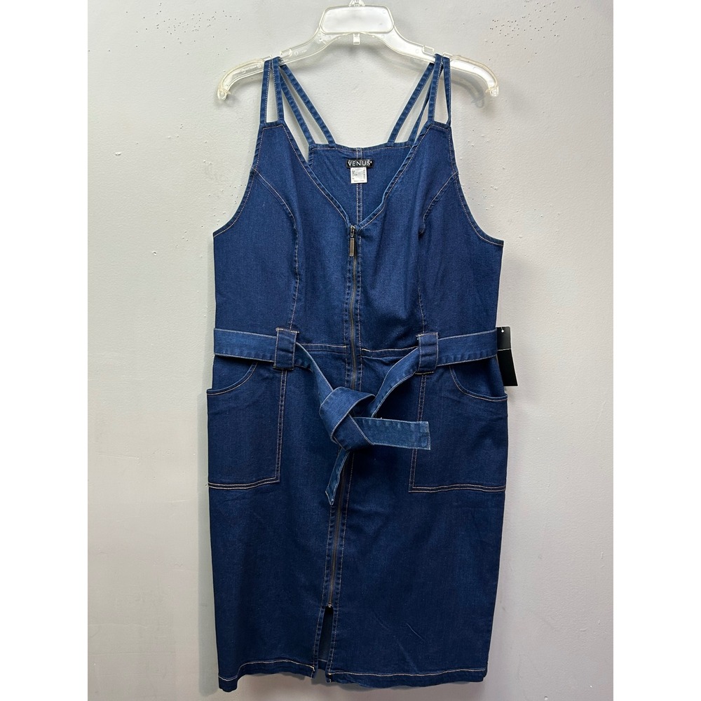 Venus Denim Dress Women 16 Blue Zip Front Belted Midi Sheath Multi-Strap Utility